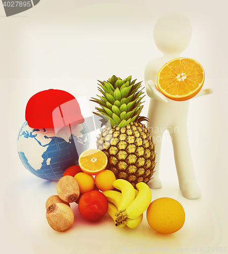 Image of 3d man with citrus and earth . 3D illustration. Vintage style.
