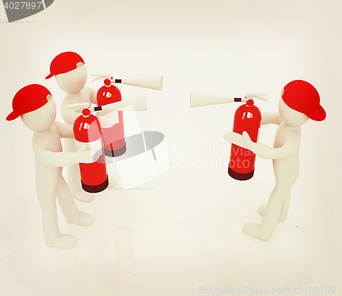 Image of 3d mans with red fire extinguisher. The concept of confrontation