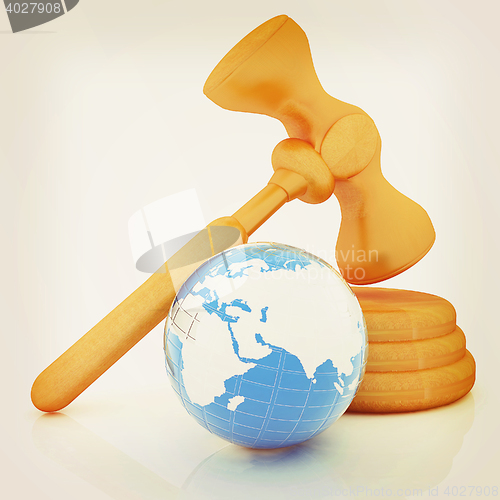 Image of Wooden gavel and earth isolated on white background. Global auct