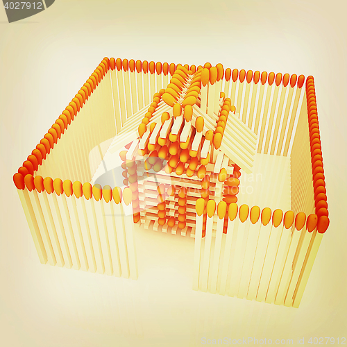 Image of Log house from matches pattern. 3D illustration. Vintage style.