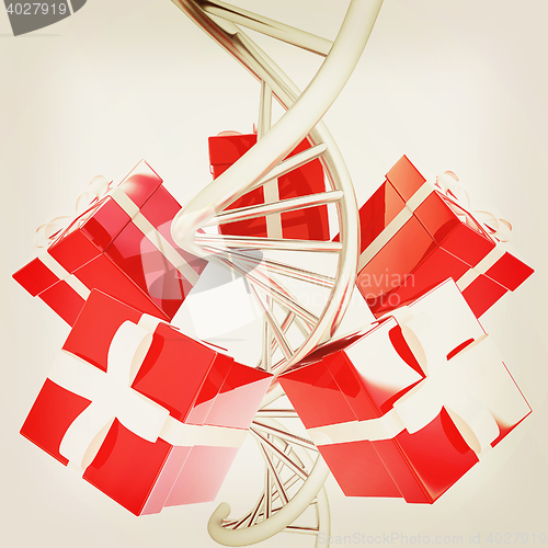 Image of DNA structure model and gifts. 3D illustration. Vintage style.