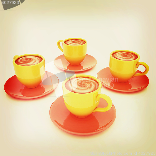 Image of Coffee cups on saucer. 3D illustration. Vintage style.