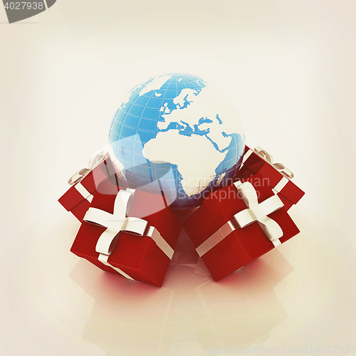 Image of Traditional Christmas gifts and earth. Global holiday concept . 