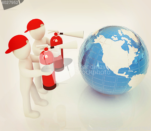 Image of 3d mans with red fire extinguisher extinguish earth . 3D illustr