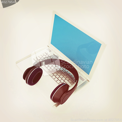 Image of Headphone and Laptop . 3D illustration. Vintage style.