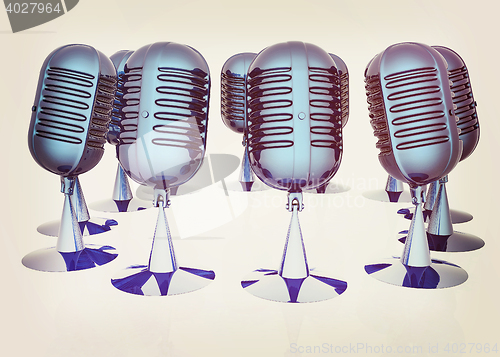 Image of 3d rendering of a microphones. 3D illustration. Vintage style.