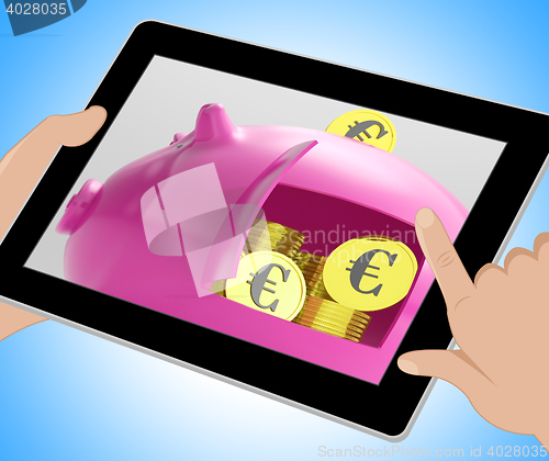 Image of Euros In Piggy Shows Currency And Investment Tablet