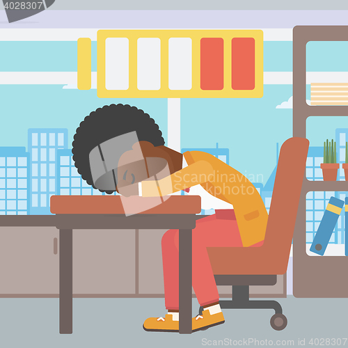 Image of Woman sleeping at workplace vector illustration.