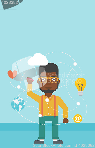 Image of Man writing cloud computing on virtual screen.