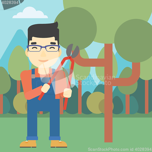 Image of Farmer with pruner in garden vector illustration.