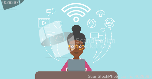 Image of Woman working on laptop vector illustration.