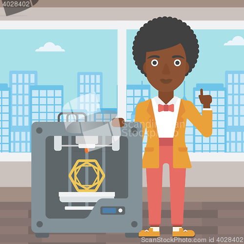 Image of Woman with three D printer vector illustration.