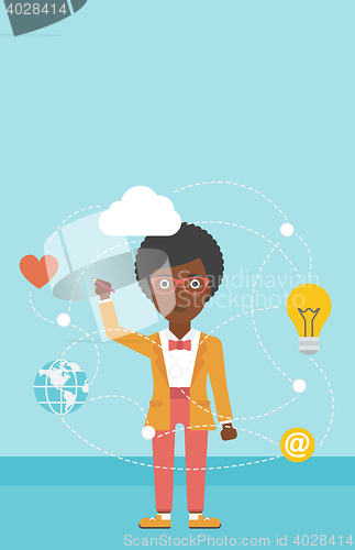 Image of Business woman and cloud computing.
