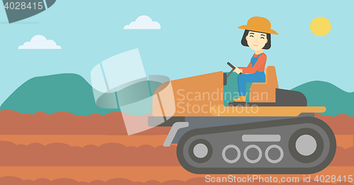 Image of Female farmer driving tractor vector illustration.
