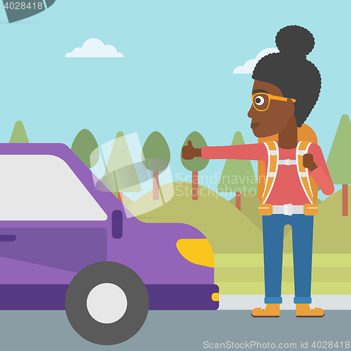 Image of Young woman hitchhiking vector illustration.