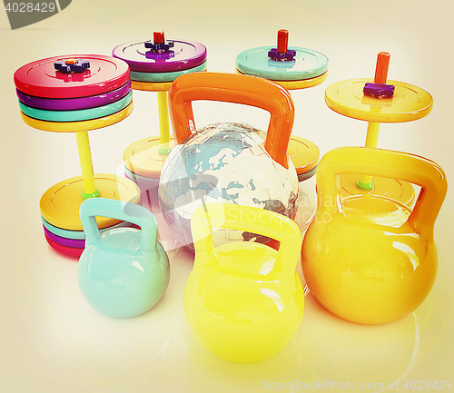 Image of Colorful weights and dumbbells and earth. Global . 3D illustrati