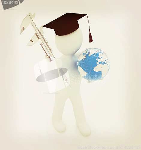 Image of 3d man in graduation hat with Earth and vernier caliper . 3D ill