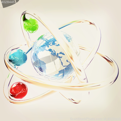 Image of 3d atom. Global concept. 3D illustration. Vintage style.