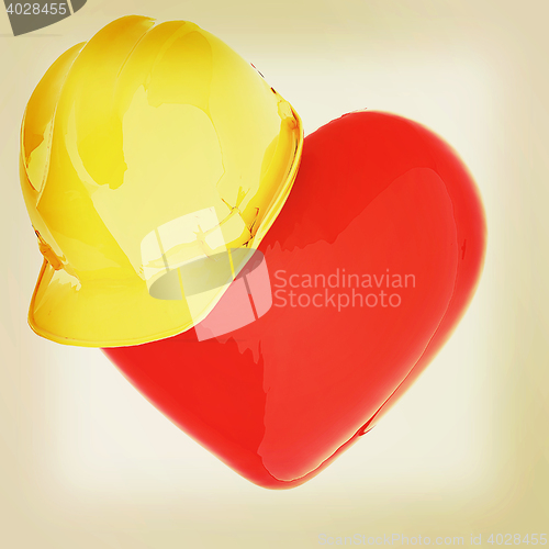Image of hard hat on heart. 3D illustration. Vintage style.