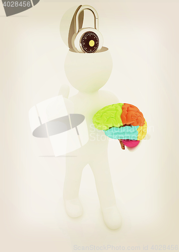Image of 3d people - man with half head, brain and trumb up. The concept 