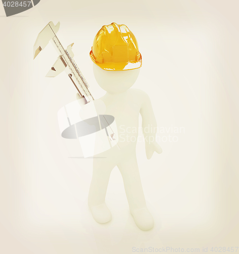 Image of 3d man engineer in hard hat with vernier caliper . 3D illustrati