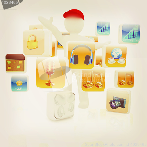 Image of 3d man with cloud of media application Icons . 3D illustration. 