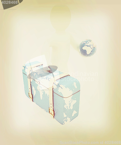 Image of Leather suitcase for travel with 3d man and earth. 3D illustrati