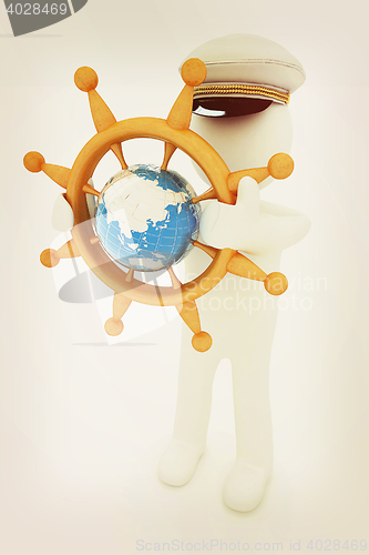 Image of Sailor with wood steering wheel and earth. Trip around the world