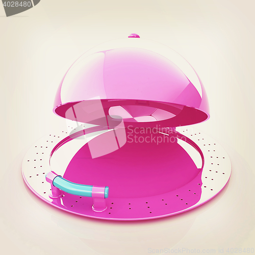 Image of restaurant cloche with open lid . 3D illustration. Vintage style