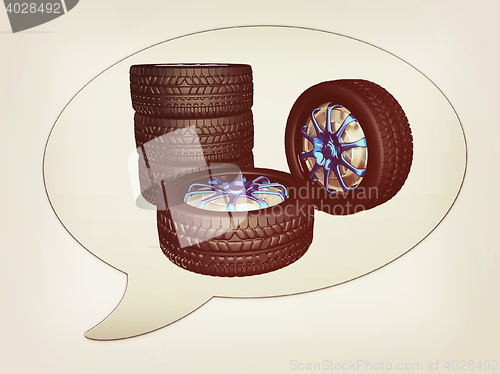 Image of messenger window icon and car wheels. 3D illustration. Vintage s