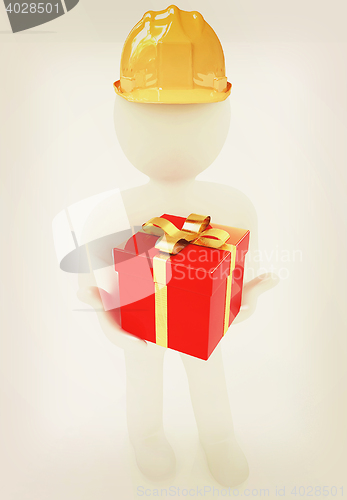 Image of 3d man in hard hat with gift. 3D illustration. Vintage style.