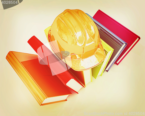 Image of Colorful books and hard hat . 3D illustration. Vintage style.