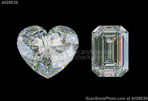 Image of Emerald cut diamond and heart shape gemstone isolated