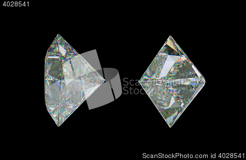 Image of Sde views of princess cut diamond or gemstone on black