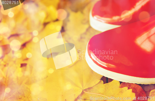 Image of close up of red rubber boots on autumn leaves