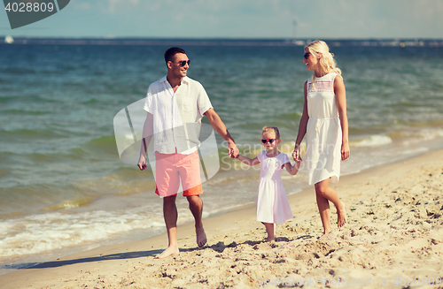 Image of happy family in sunglasses on summer beach