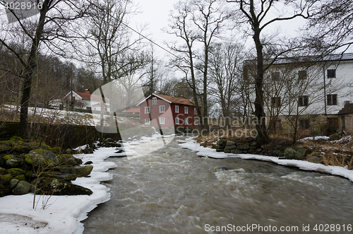 Image of Kungsbacka river with  cold water and ice