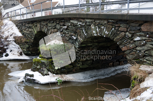 Image of Bridge over Kungsbacka river with  cold water 