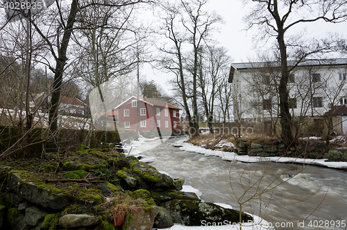Image of Kungsbacka river with  cold water and ice