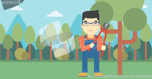 Image of Farmer with pruner in garden vector illustration.