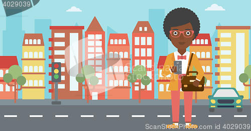 Image of Woman using smartphone vector illustration.