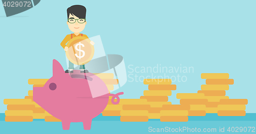 Image of Man putting coin in piggy bank vector illustration