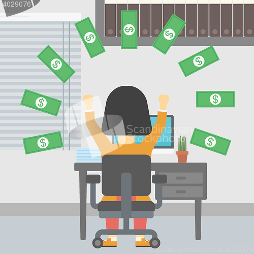 Image of Successful business woman under money rain.