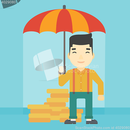 Image of Businessman with umbrella protecting money.