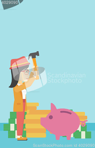Image of Woman breaking piggy bank vector illustration.
