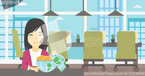 Image of Business woman with Earth globe full of money.