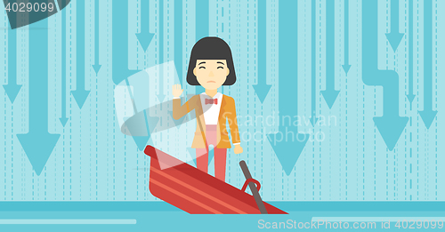 Image of Business woman standing in sinking boat.