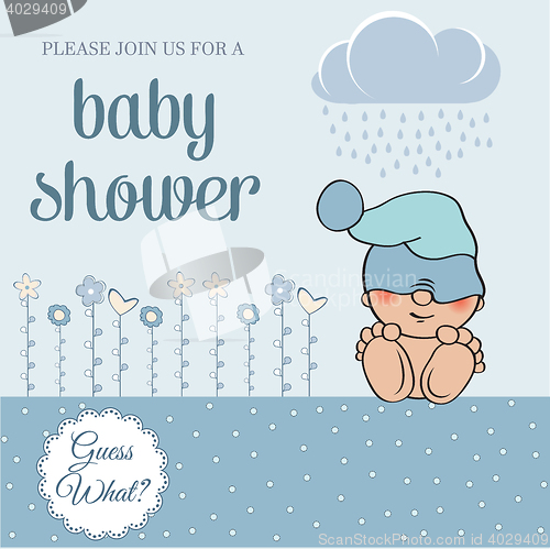 Image of baby boy shower card with funny little baby