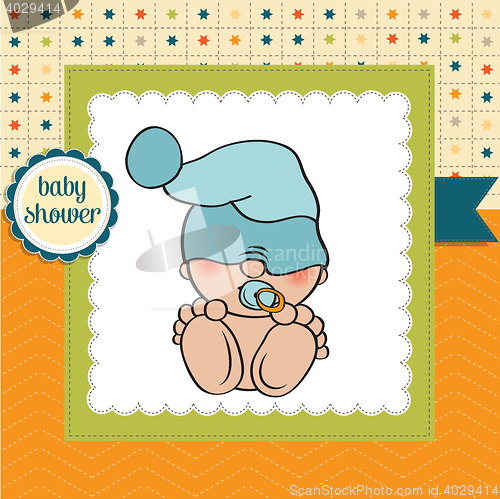 Image of baby boy shower card with funny little baby