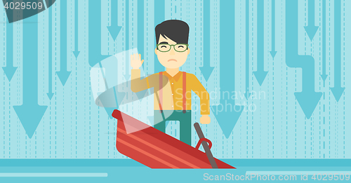 Image of Businessman standing in sinking boat.